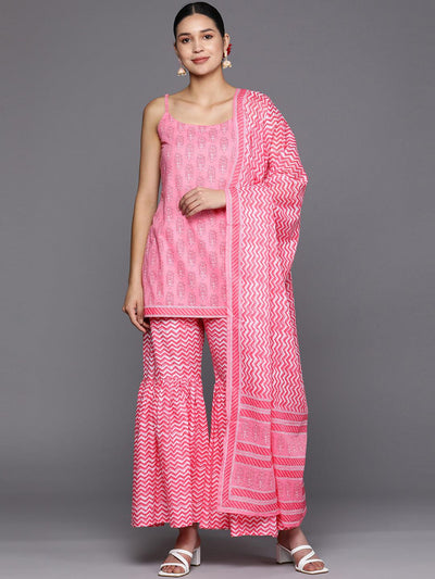 Pink Printed Cotton Straight Suit Set With Sharara - Libas
