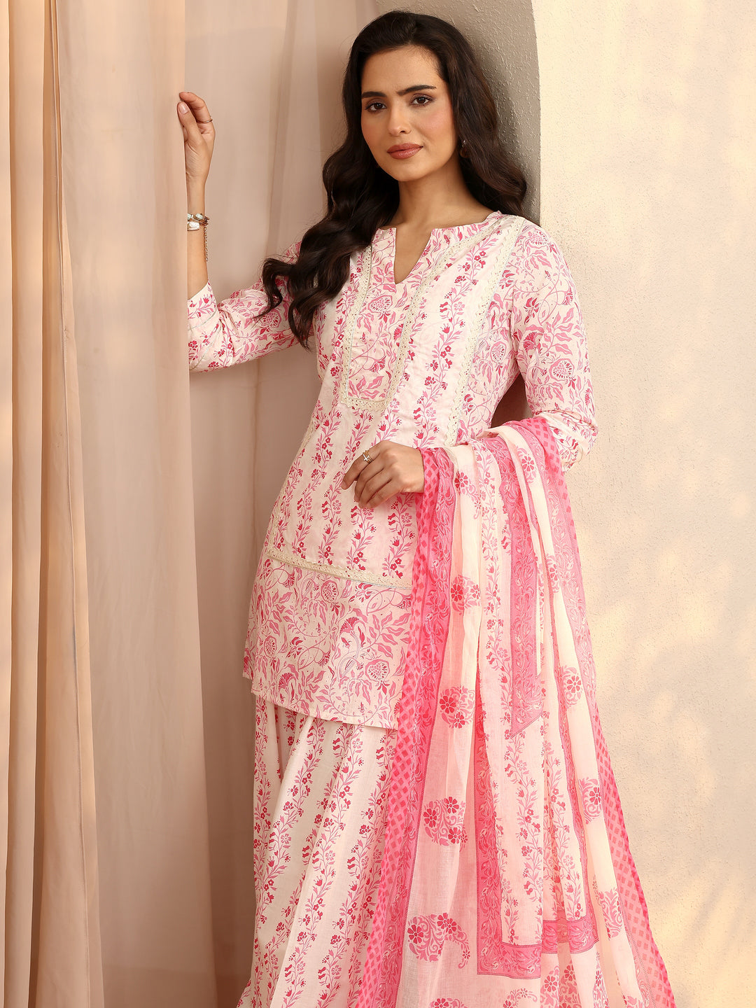 Pink Printed Cotton Straight Suit Set With Dupatta