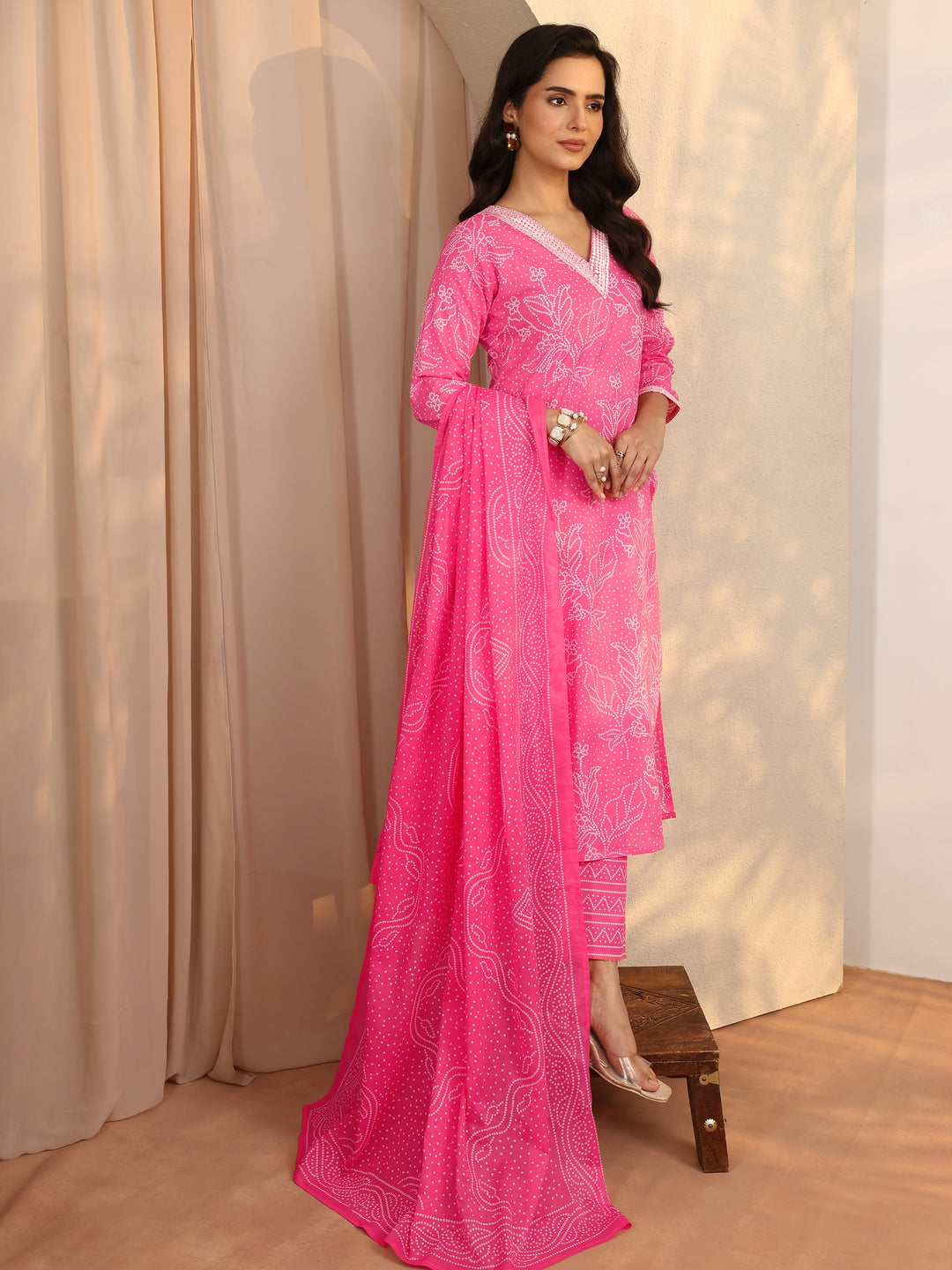 Pink Printed Cotton Straight Suit Set With Dupatta