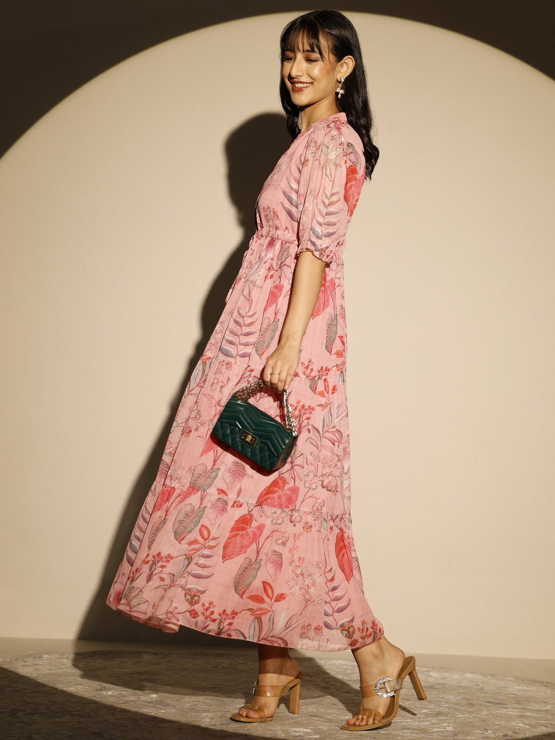 Pink Printed Cotton Tired Fit and Flare One Piece Dress