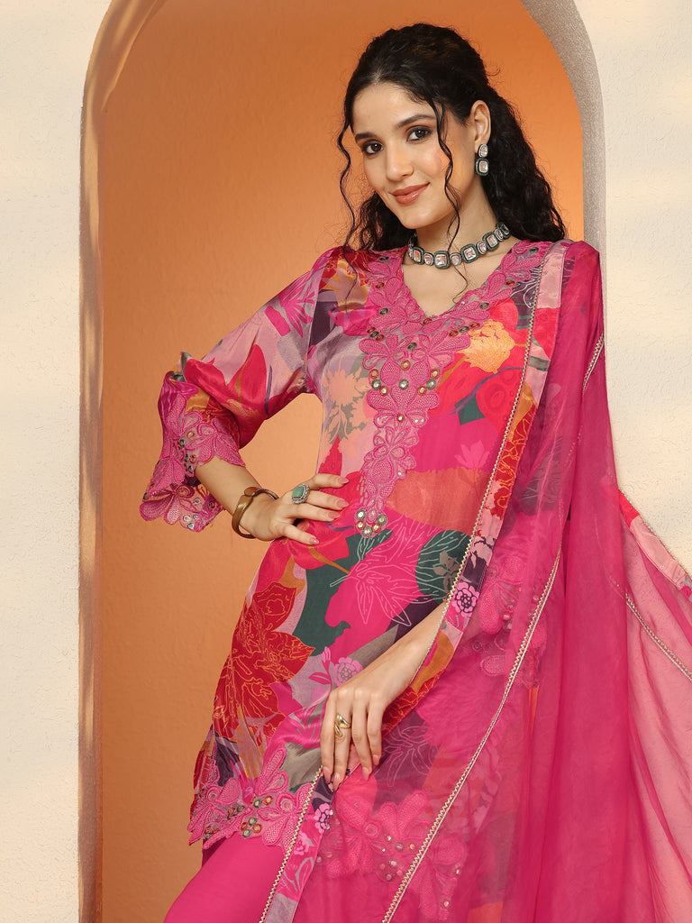 Libas Pink Printed Crepe Straight Suit Set With Dupatta