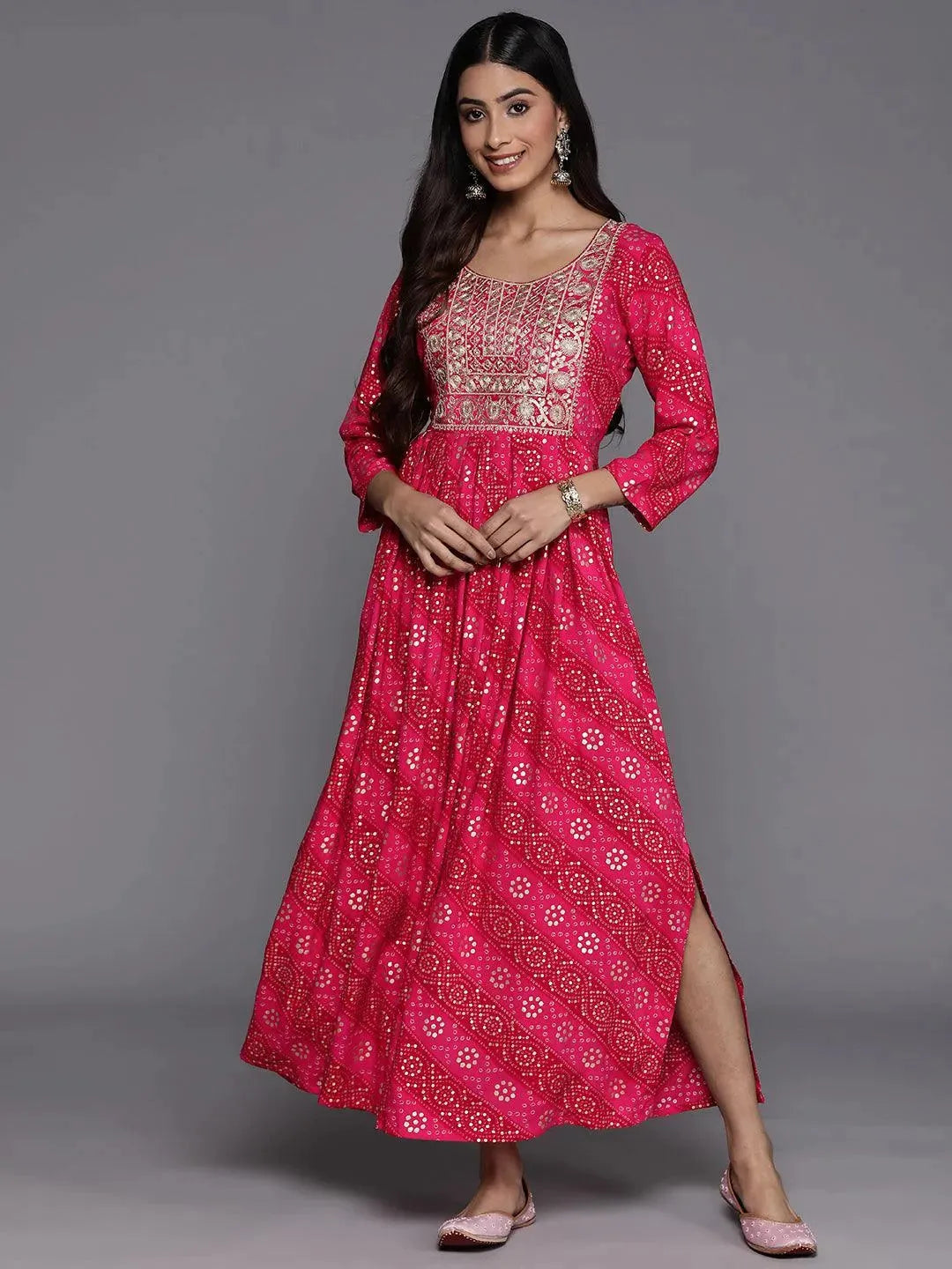 Pink Printed Fit and Flare Rayon Dress - Libas