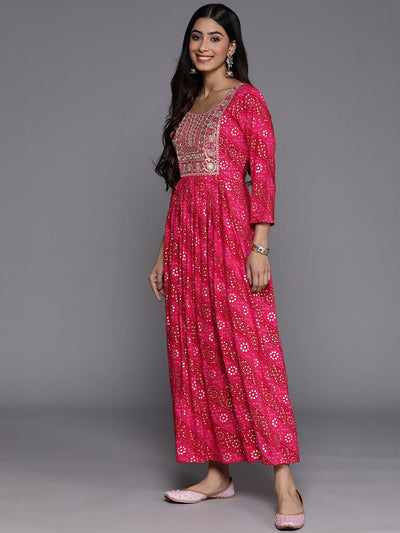 Pink Printed Fit and Flare Rayon Dress - Libas