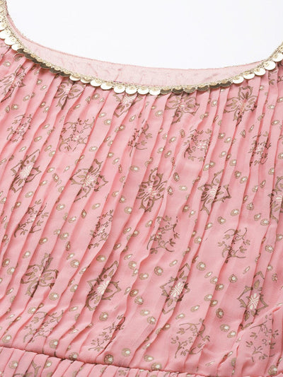 Pink Printed Georgette A-Line Suit Set - Libas