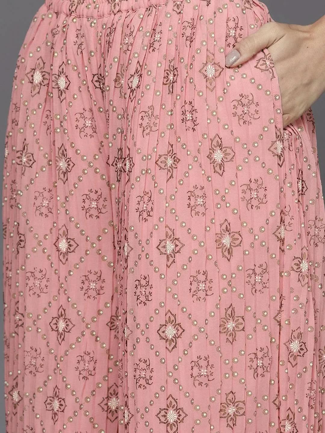

Pink Printed Georgette A-Line Kurta With Palazzos & Dupatta
