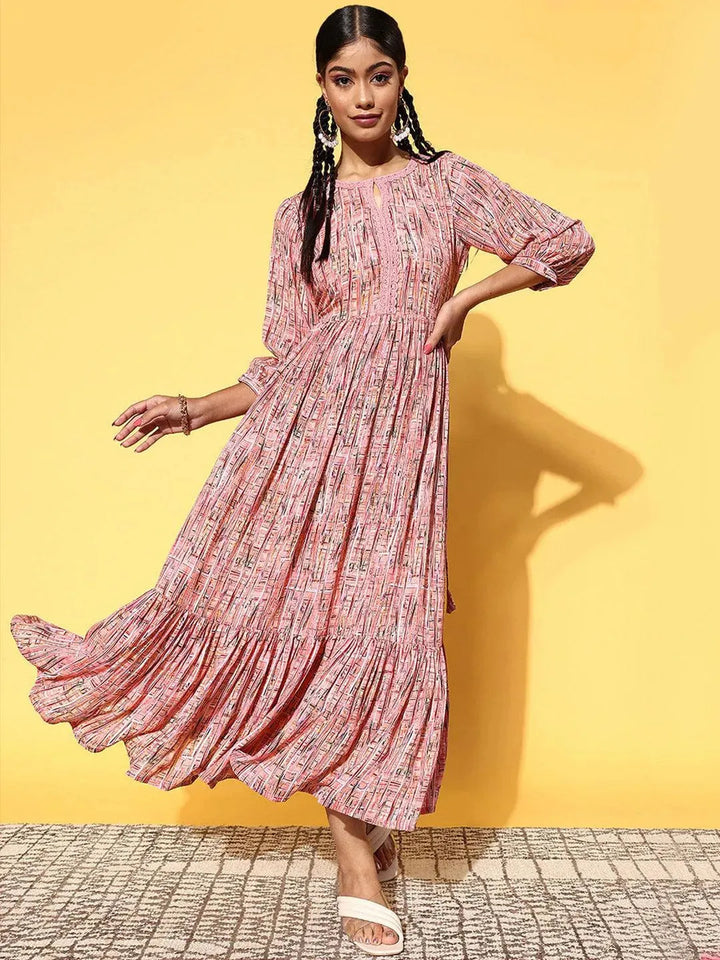 Pink Printed Georgette Dress - Libas