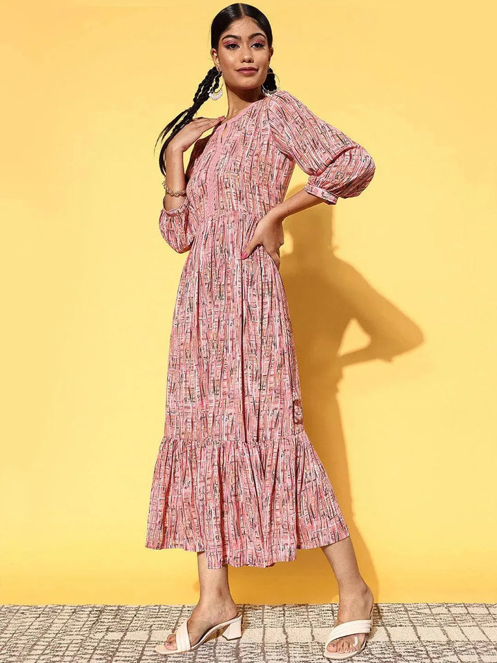 Pink Printed Georgette Dress - Libas