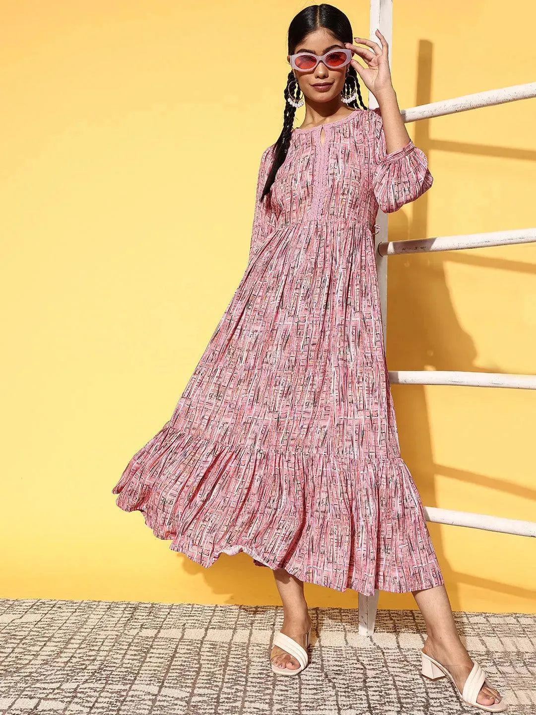 Pink Printed Georgette Dress - Libas