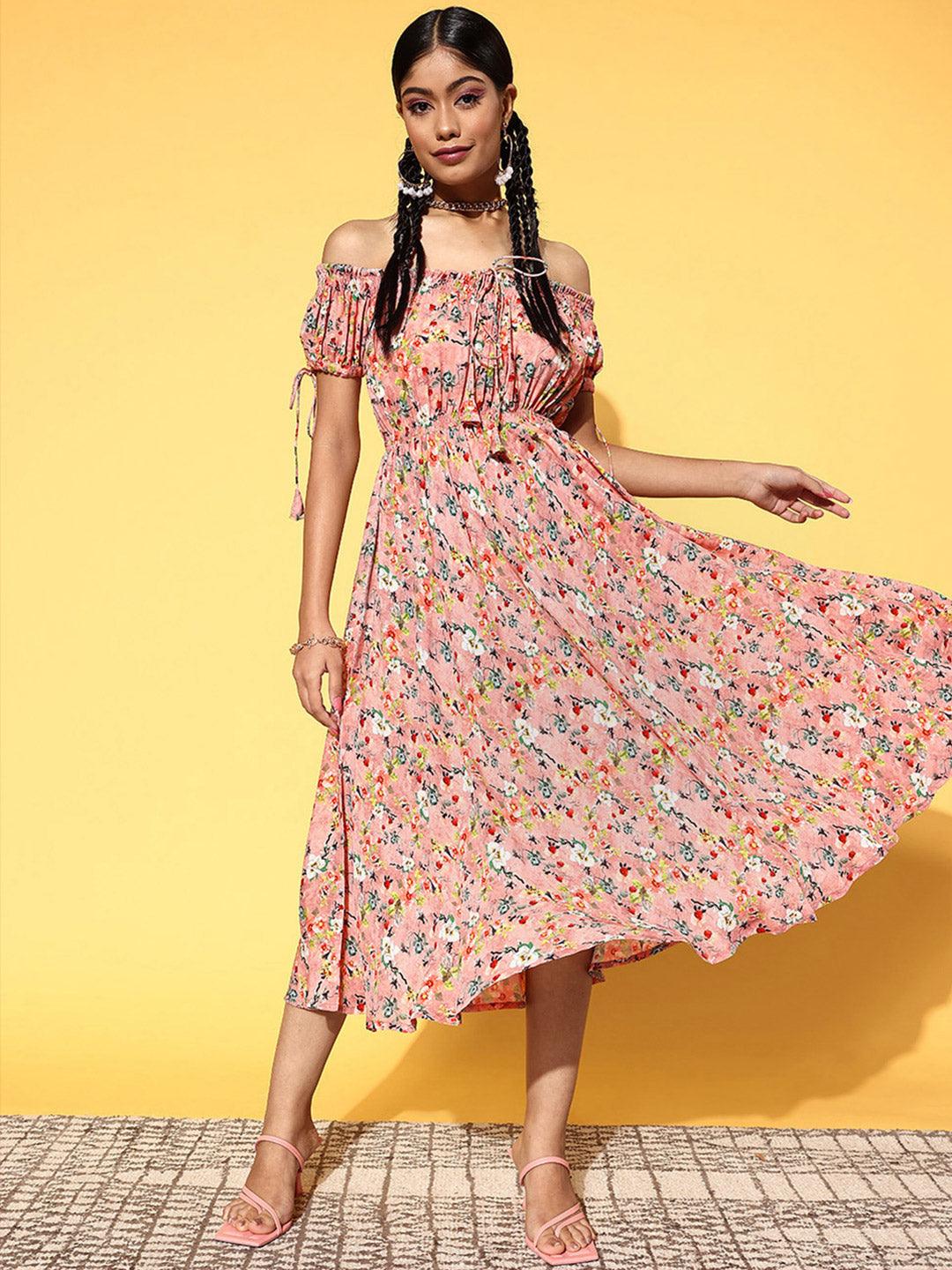 Pink Printed Georgette Fit and Flare Dress - Libas