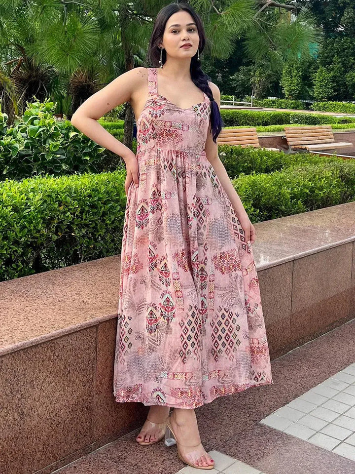 Pink Printed Georgette Fit and Flare Dress - Libas