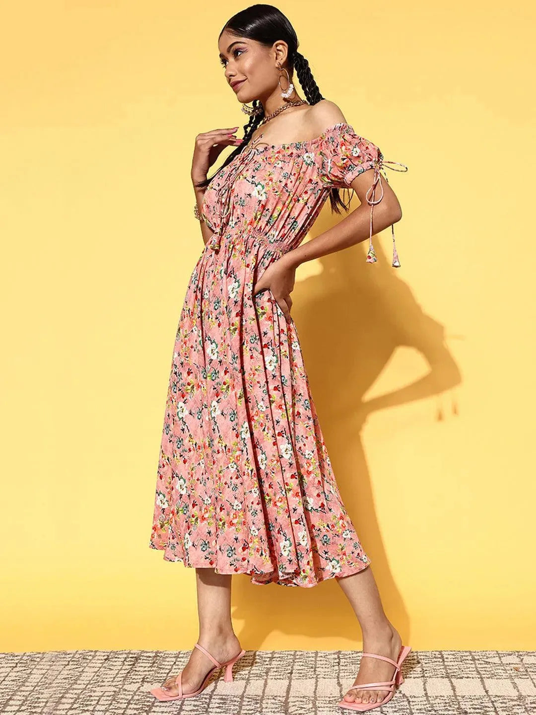 Pink Printed Georgette Fit and Flare Dress - Libas 