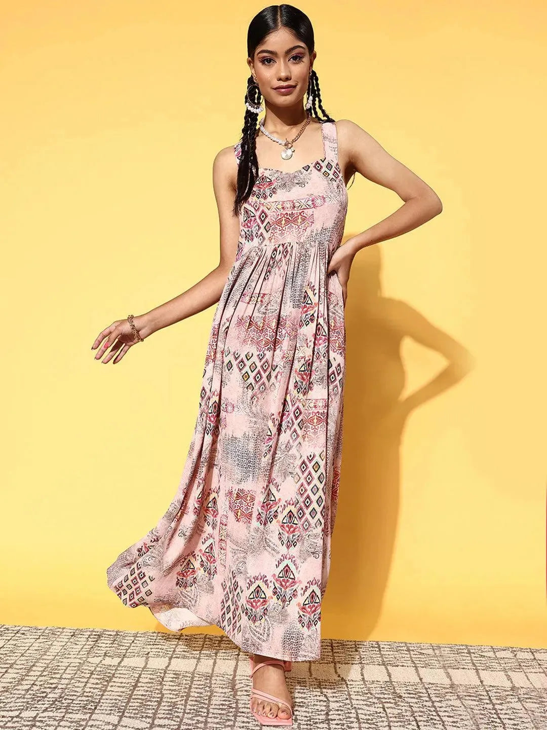 Pink Printed Georgette Fit and Flare Dress - Libas