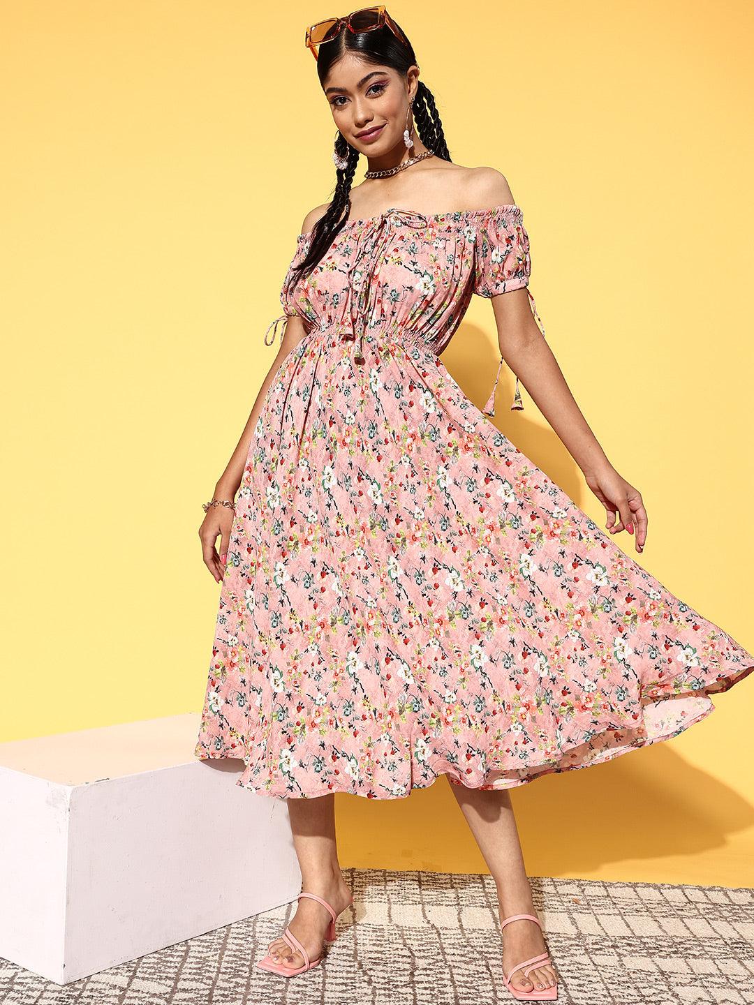 Pink Printed Georgette Fit and Flare Dress