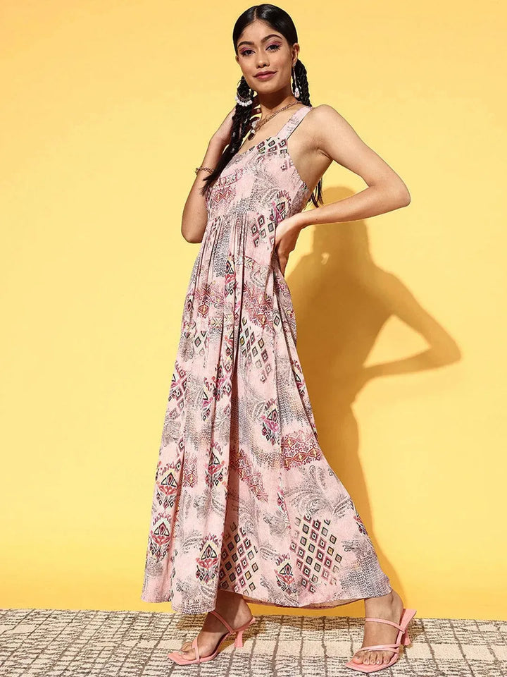 Pink Printed Georgette Fit and Flare Dress - Libas