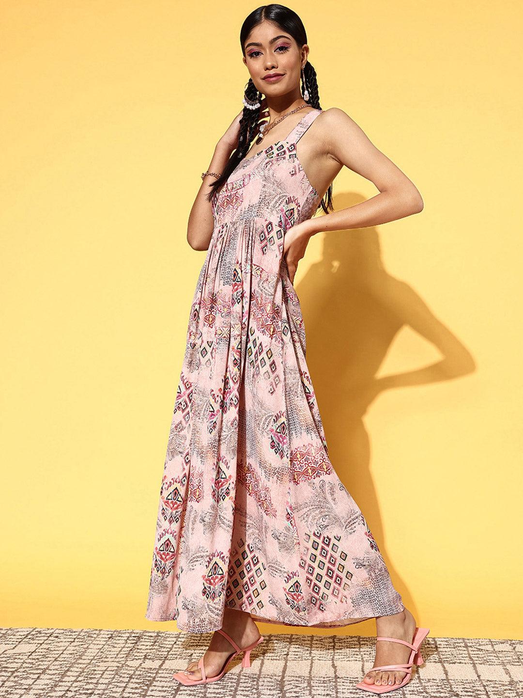 Pink Printed Georgette Fit and Flare Dress - Libas