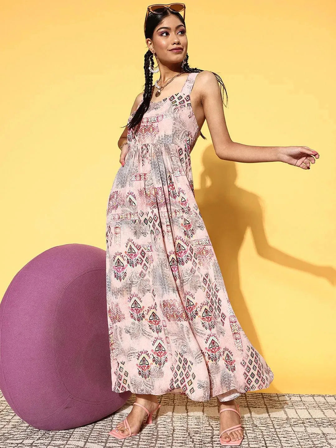 Pink Printed Georgette Fit and Flare Dress - Libas