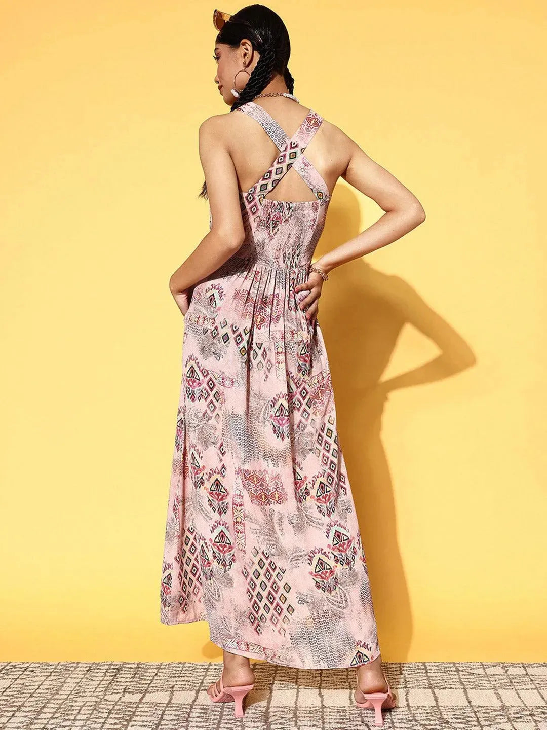 Pink Printed Georgette Fit and Flare Dress - Libas