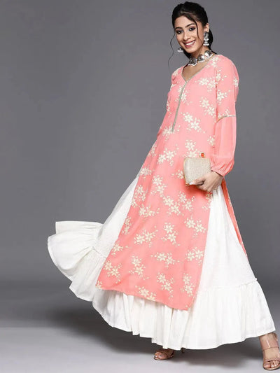 Pink Printed Georgette Kurta - Libas