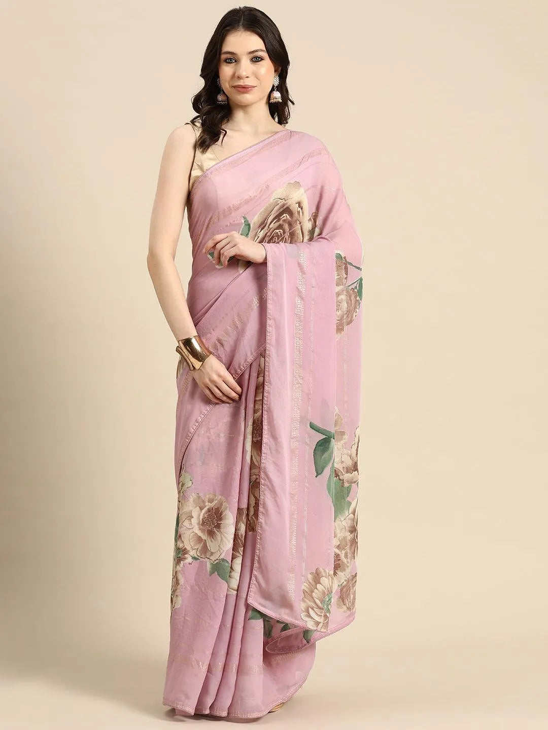 Pink Printed Georgette Saree - Libas