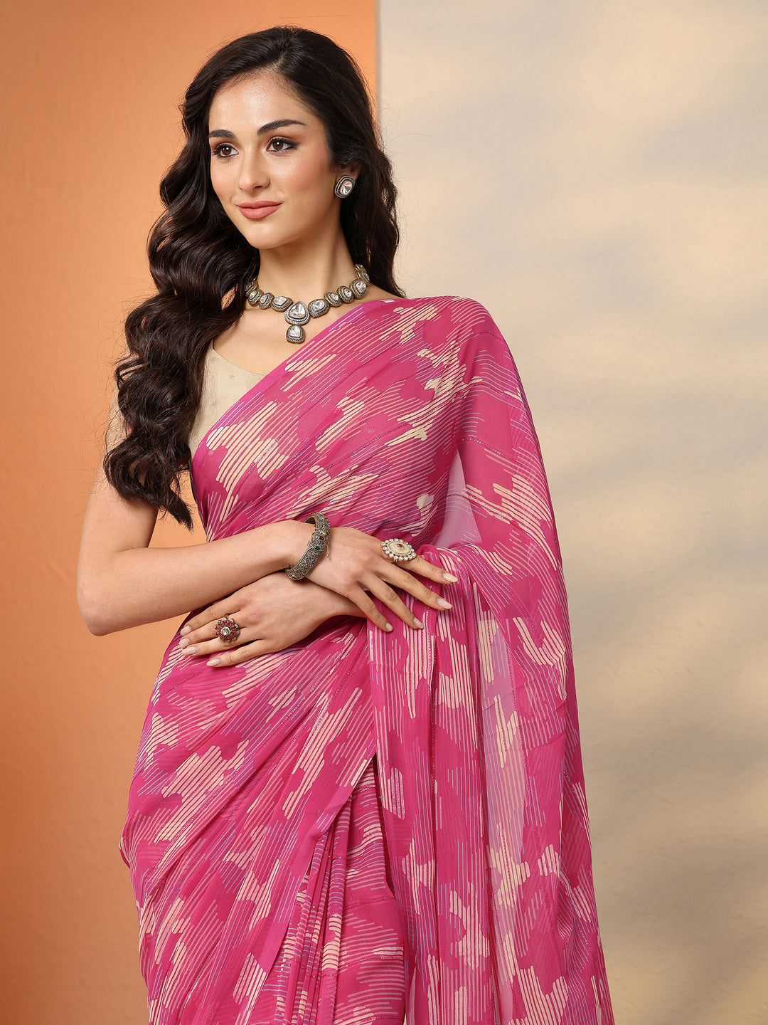Pink Printed Georgette Saree With Unstitched Blouse Piece