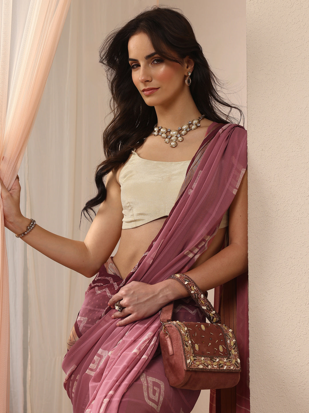  Pink Printed Georgette Saree With Unstitched Blouse Piece 