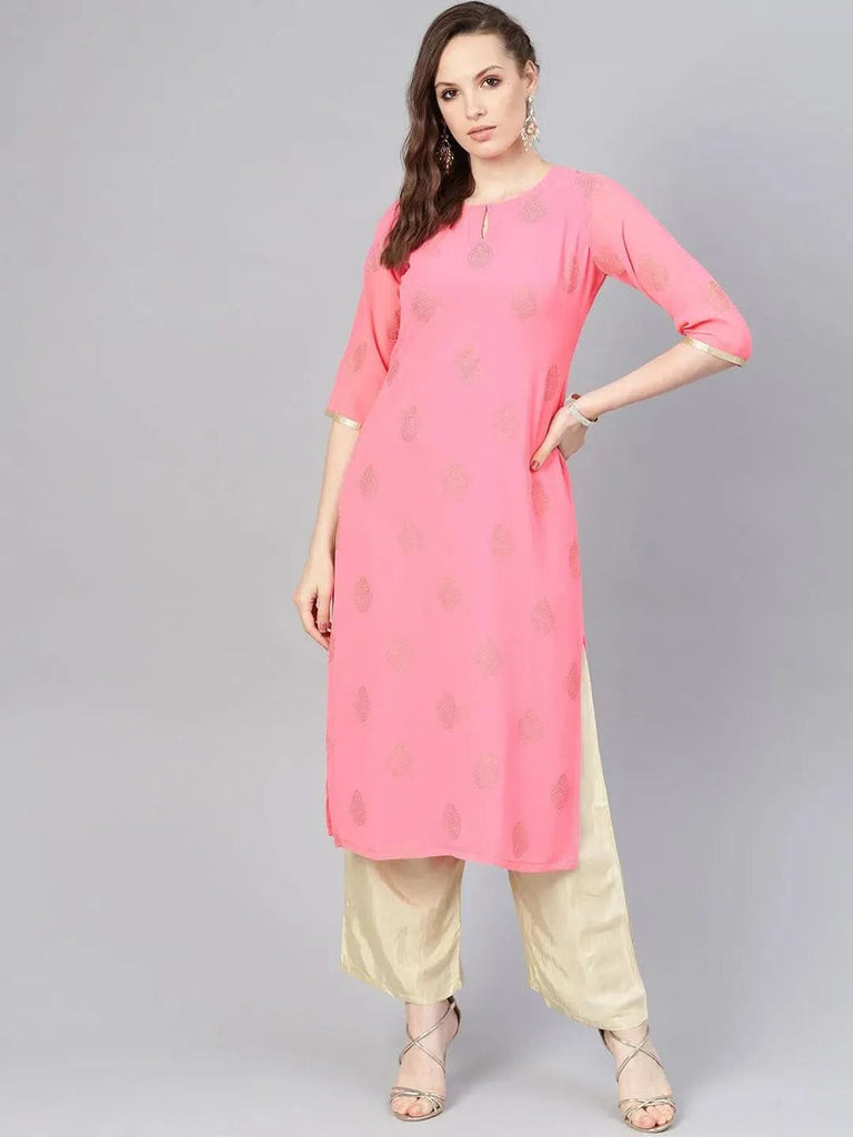 Libas Pink Printed Georgette Straight Kurta With Palazzos