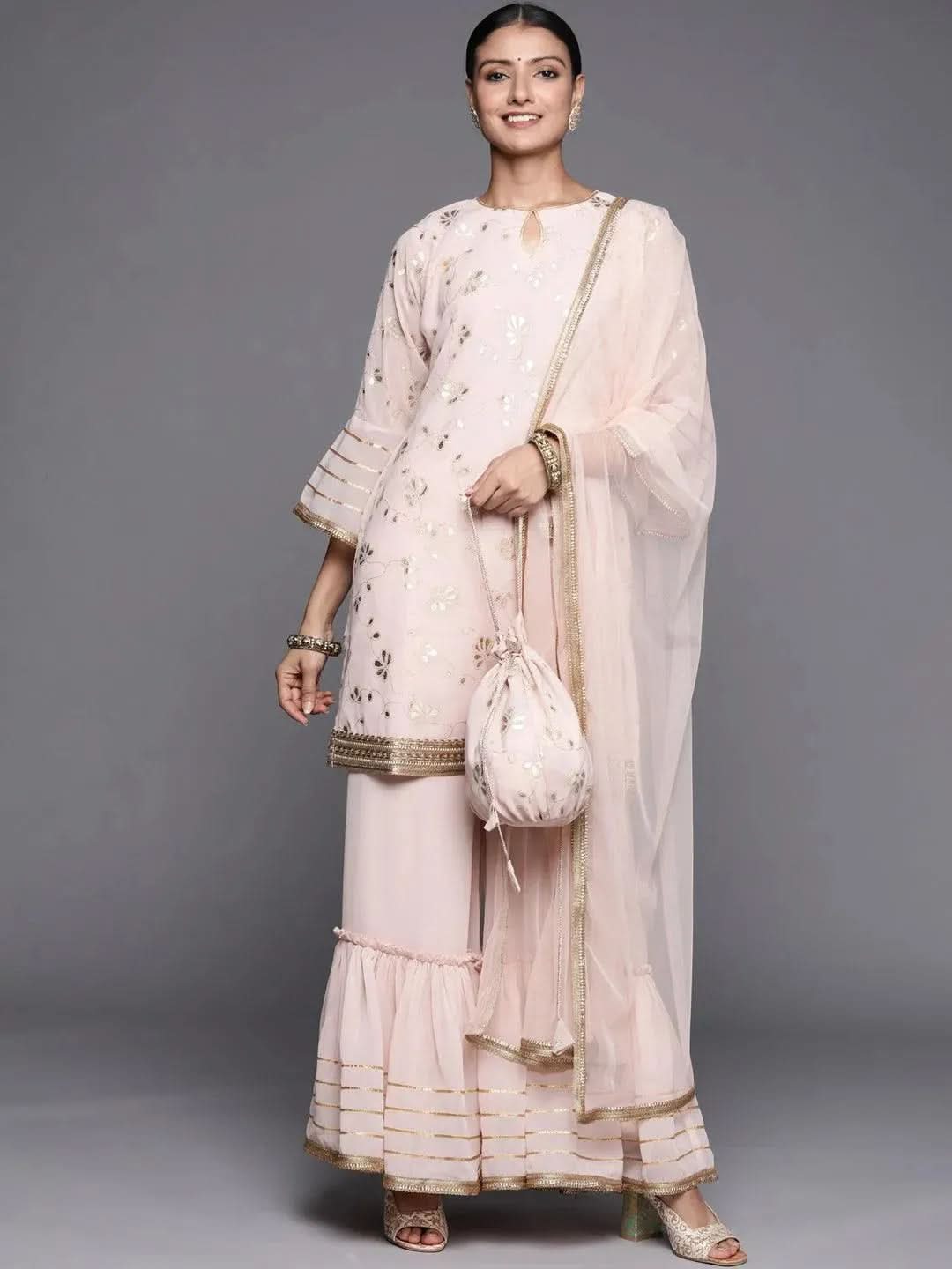

Pink Printed Georgette Straight Kurta With Sharara & Dupatta