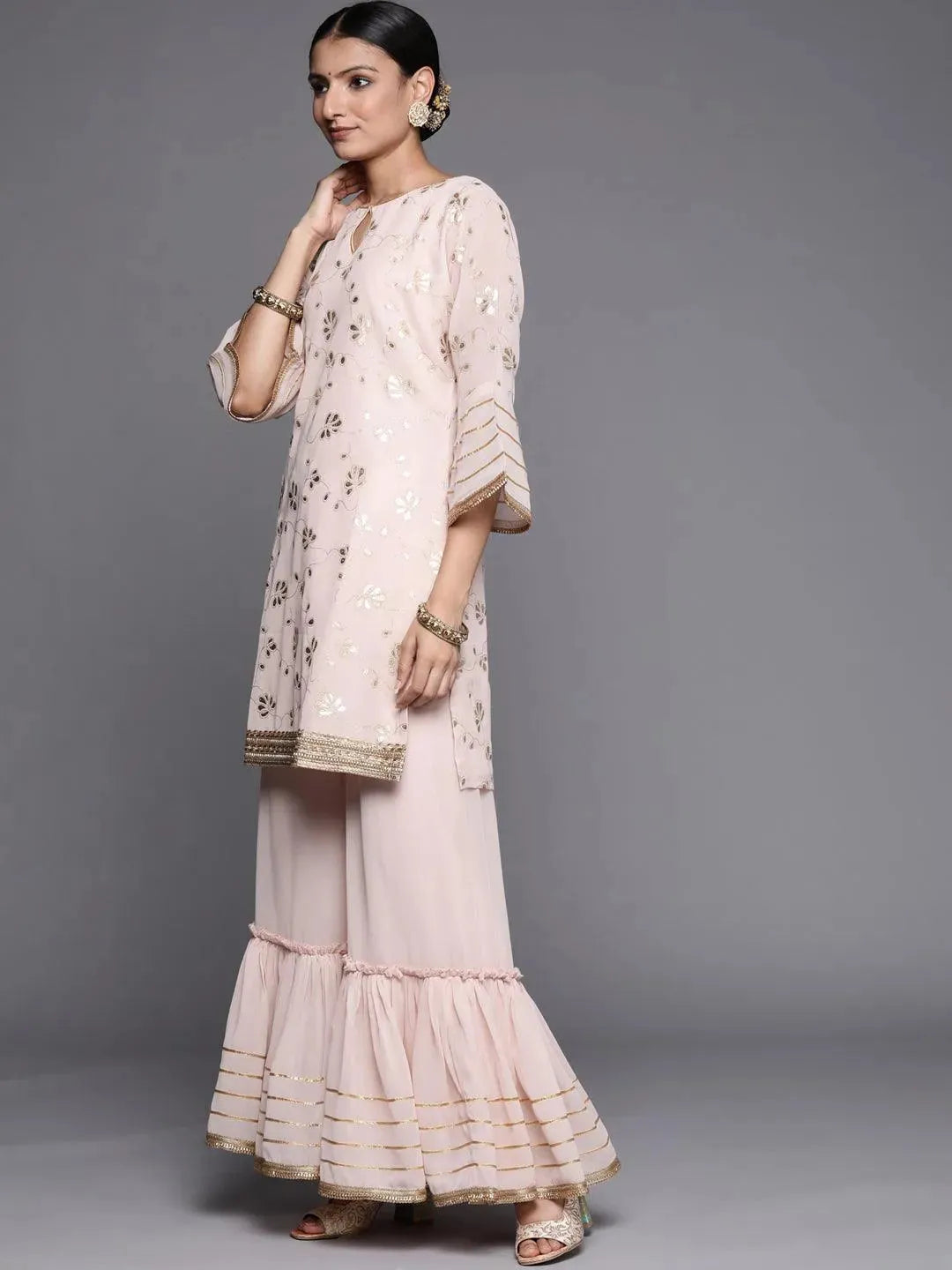 Pink Printed Georgette Straight Suit Set With Potli - Libas 