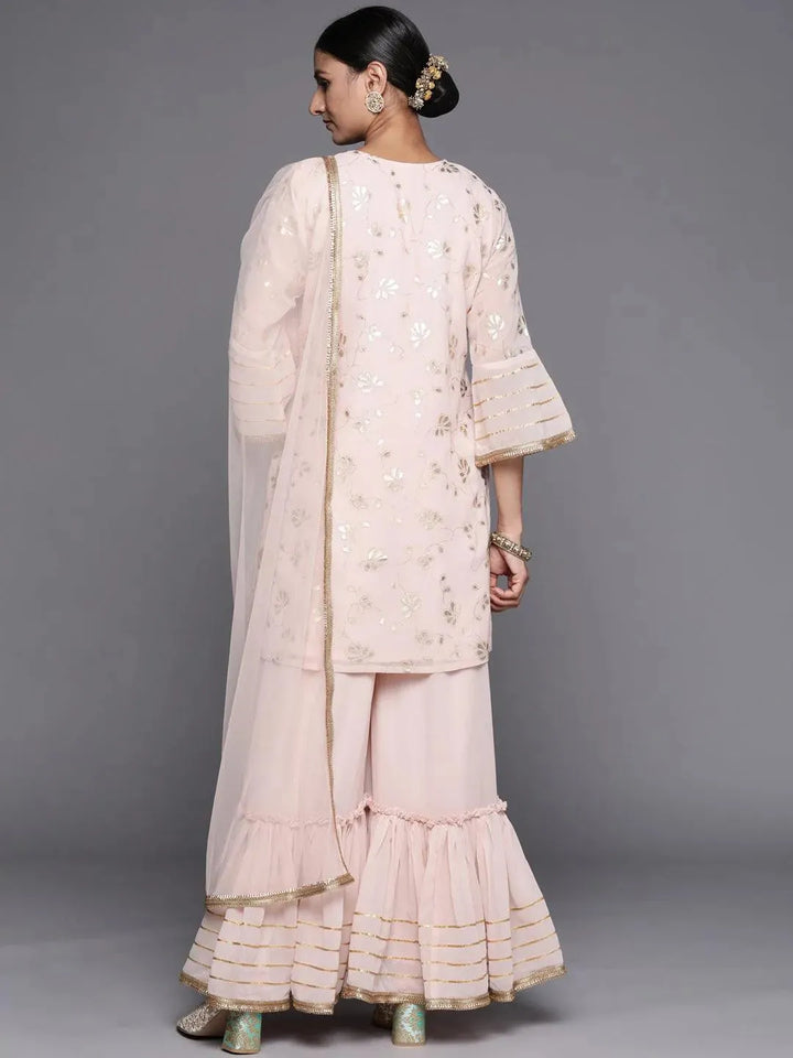 Pink Printed Georgette Straight Suit Set With Potli - Libas