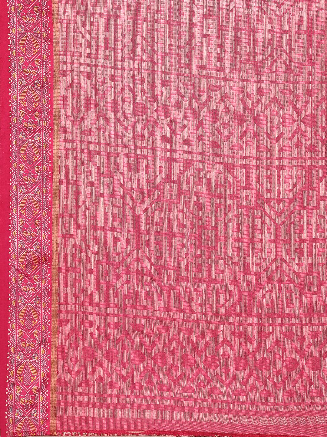 Pink Printed Linen Saree - Libas