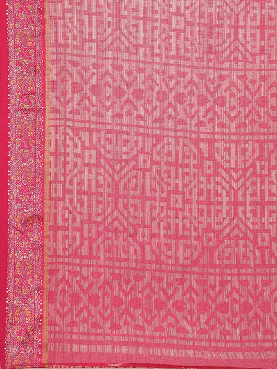 Pink Printed Linen Saree - Libas