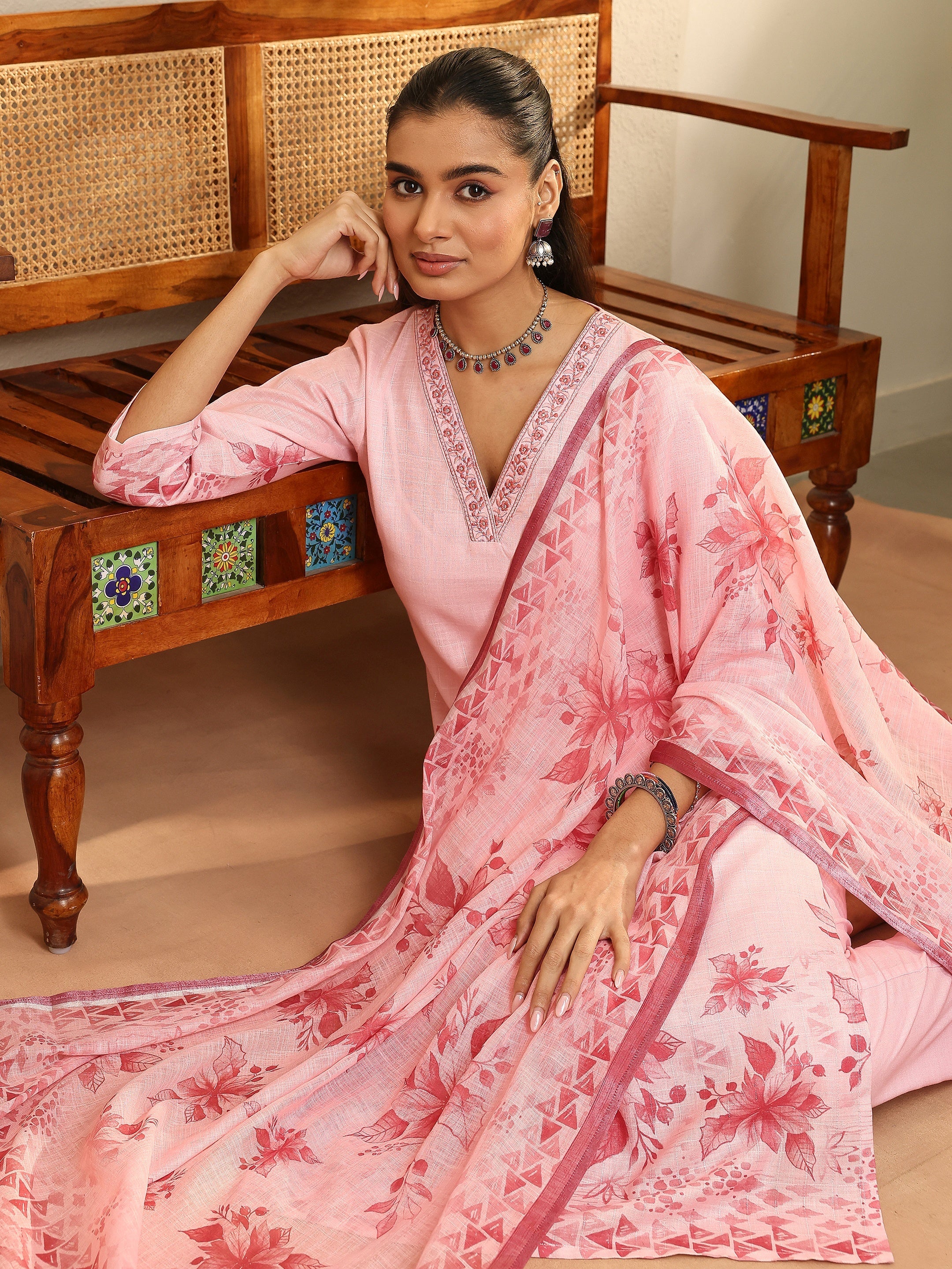 libas Pink Printed Linen Straight Suit Set With Dupatta-picture-46
