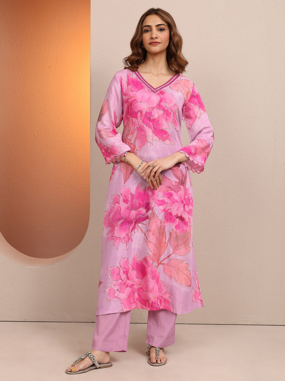  Scarlett Pink Printed Muslin A-line Kurta Set 