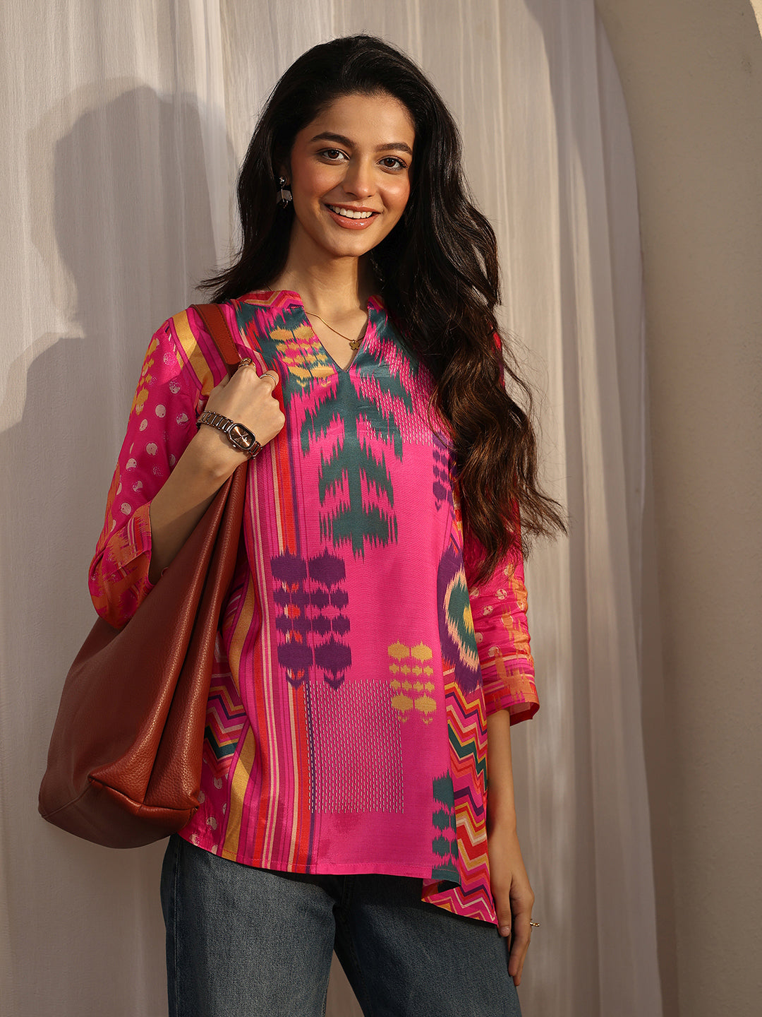 Pink Printed Muslin Straight Short Kurti-image-18
