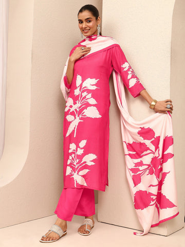 Pink Printed Muslin Straight Suit Set With Dupatta