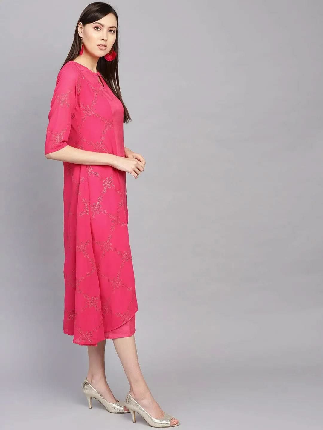 

Pink Printed Polyester Dress With Jacket