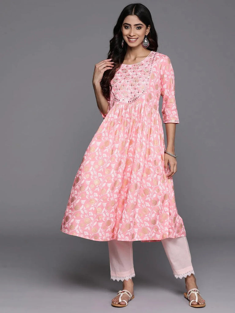 Libas Pink Printed Rayon A-Line Kurta
