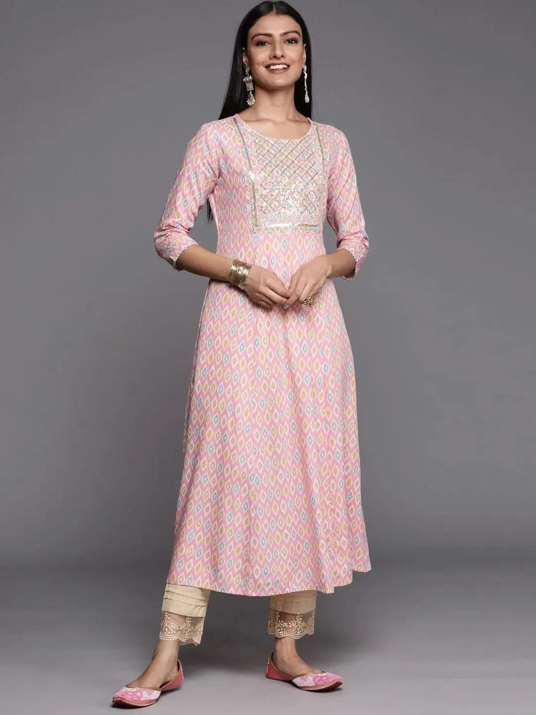 Pink Printed Rayon A-Line Kurta - Libas 