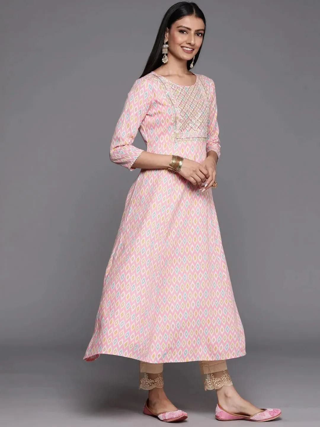 Pink Printed Rayon A-Line Kurta - Libas 