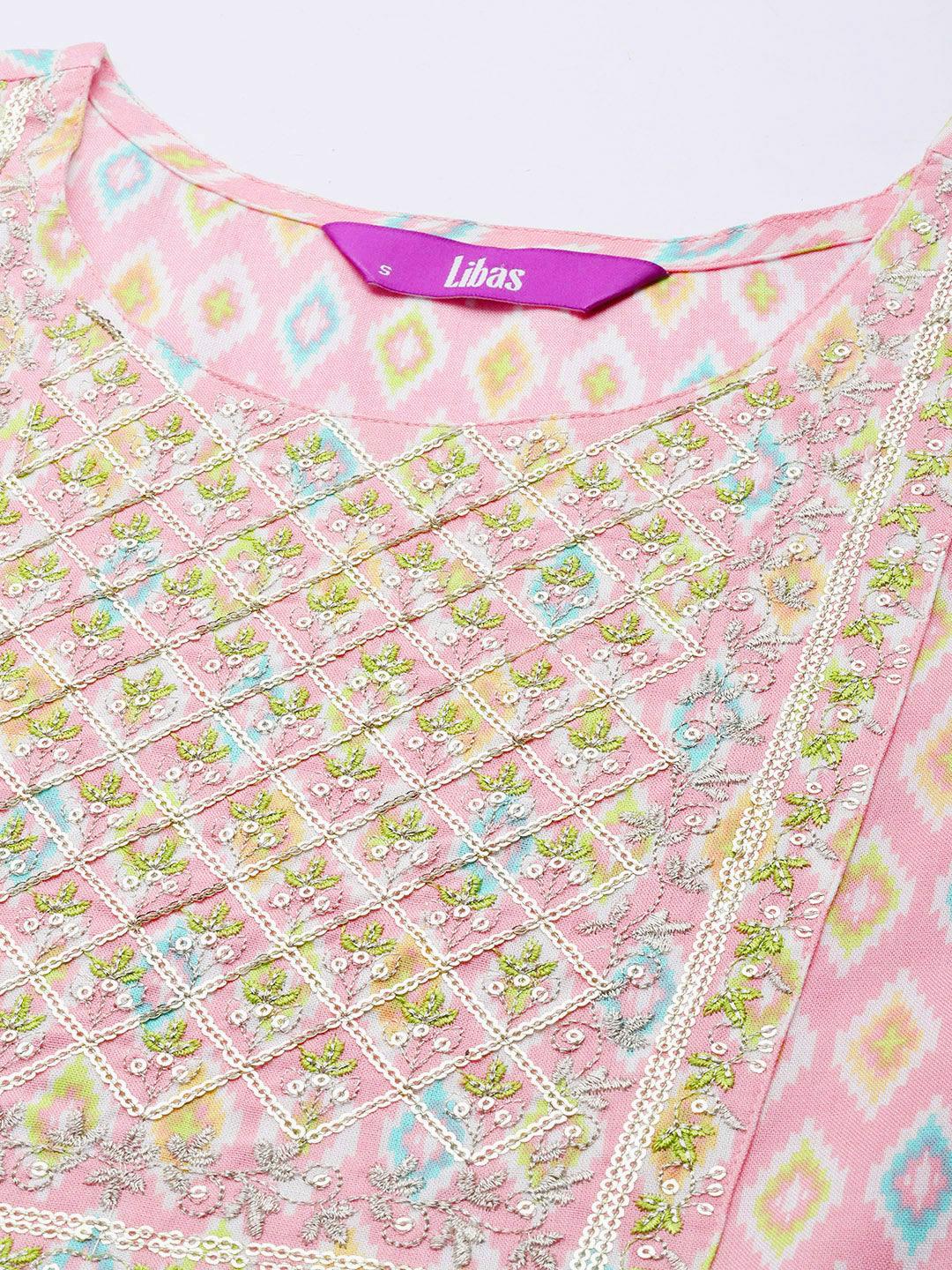 Pink Printed Rayon A-Line Kurta - Libas