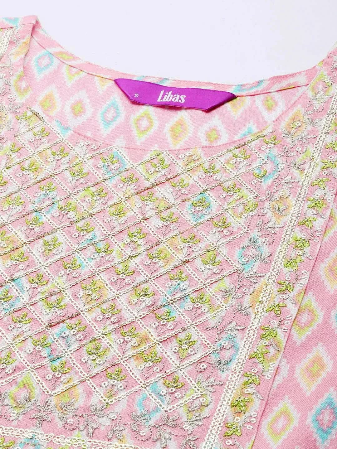 

Pink Printed Rayon A-Line Kurta
