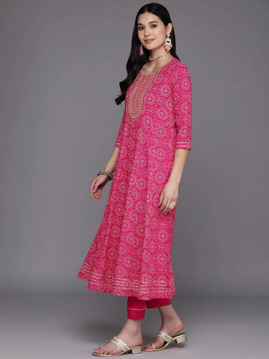 Pink Printed Rayon A-Line Kurta With Trousers & Dupatta - Libas 