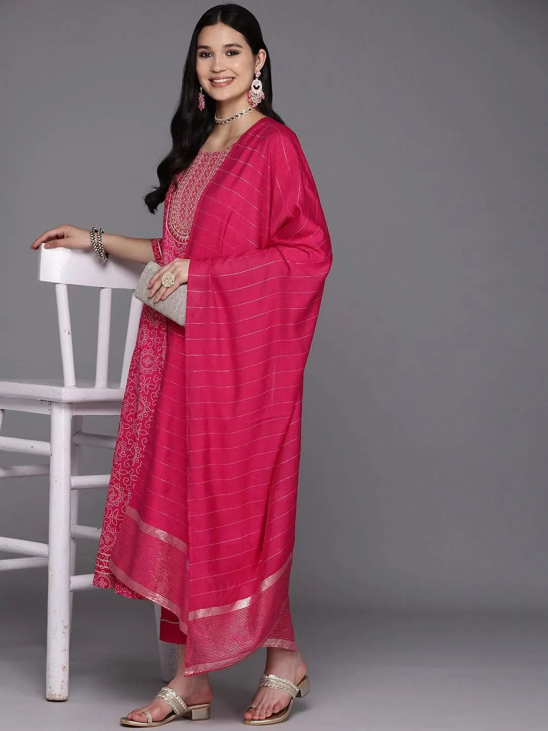 Pink Printed Rayon A-Line Kurta With Trousers & Dupatta - Libas 