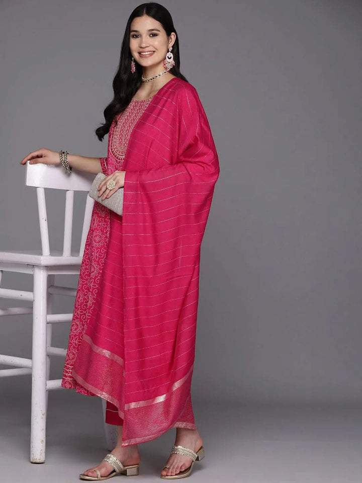 Pink Printed Rayon A-Line Kurta With Trousers & Dupatta - Libas