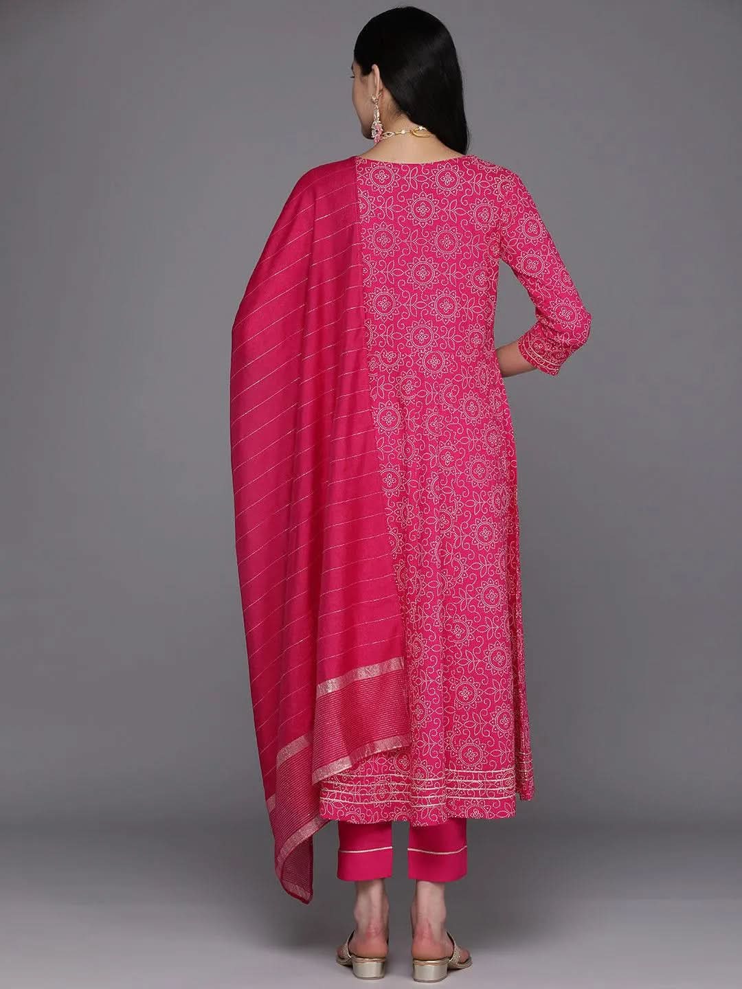 Pink Printed Rayon A-Line Kurta With Trousers & Dupatta - Libas 