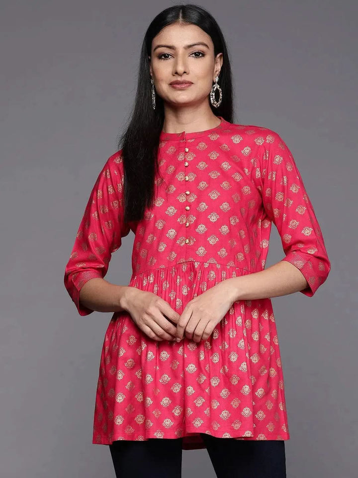 Pink Printed Rayon A-Line Kurti - Libas