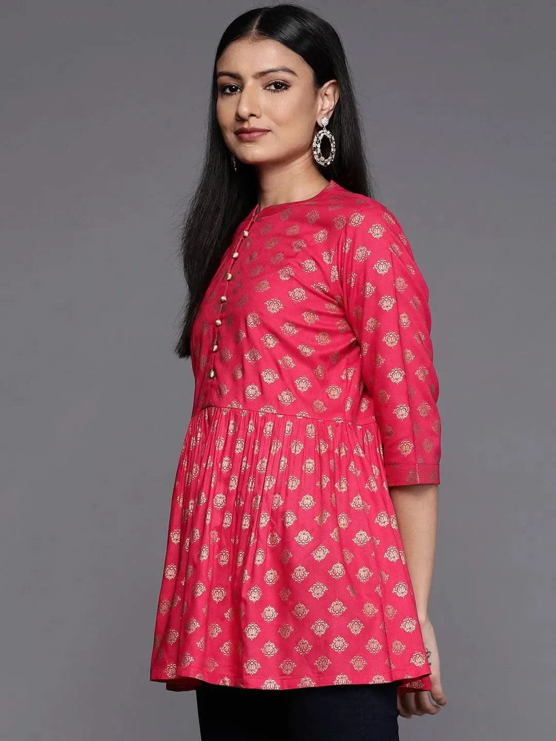 Pink Printed Rayon A-Line Kurti - Libas 