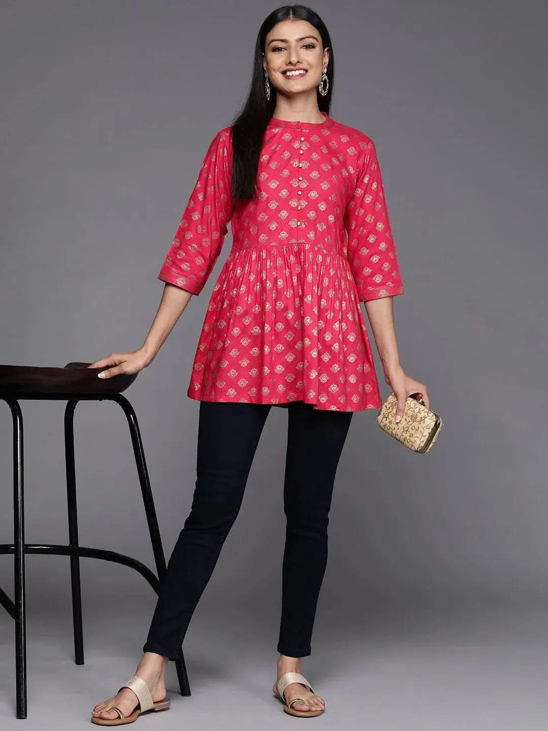 Pink Printed Rayon A-Line Kurti - Libas 