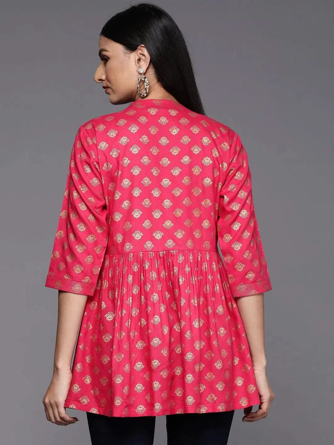 Pink Printed Rayon A-Line Kurti - Libas 