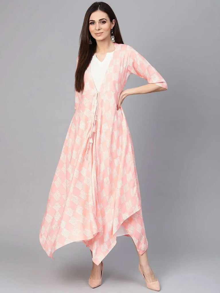 Libas Pink Printed Rayon Dress With Jacket